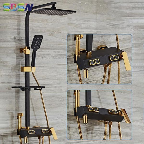 

black gold bathroom spa shower set four-function press button bath square head big size system mixer sets