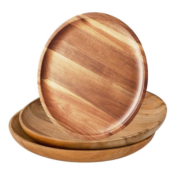 

dishes & plates acacia wood dinner round wooden fruit safe server tray hand carved saucer tea dessert charger plate