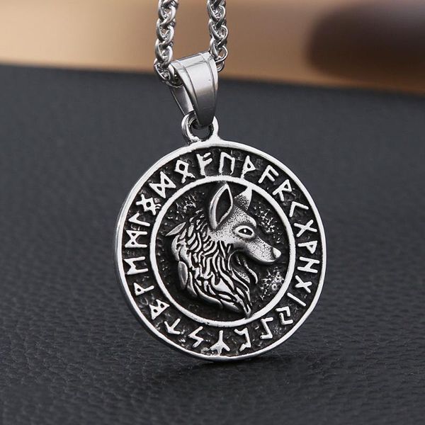 

pendant necklaces vintage viking wolf necklace mens chain nordic stainless steel odin rune biker pagan accessories, Silver