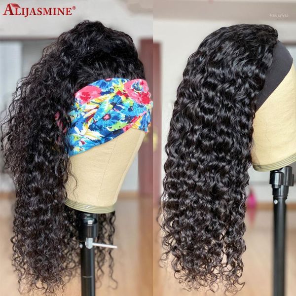 

headband wig human hair wigs for women 150 density brazilian water wave wearing full machine made remy1, Black;brown