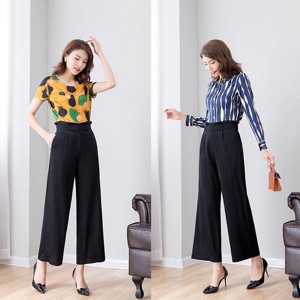 

women's pants & capris natural silk wide leg women real, Black;white
