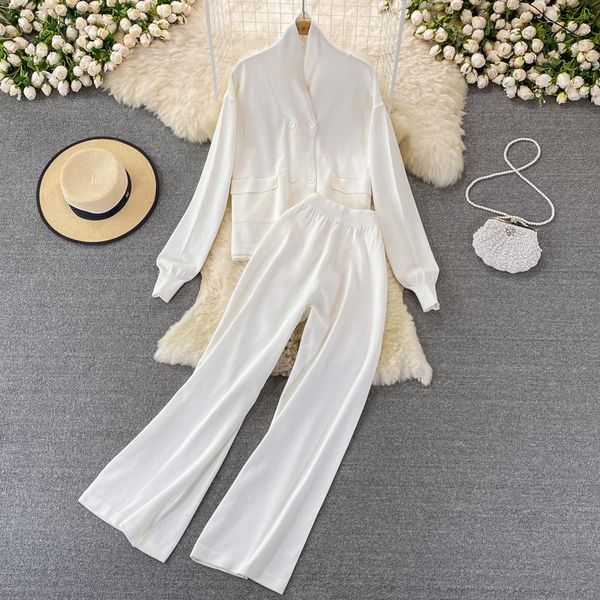 

women's two piece pants amolapha women double breasted cardigan sweater & wide leg sets female 2021 autumn fashion clothing suits, White
