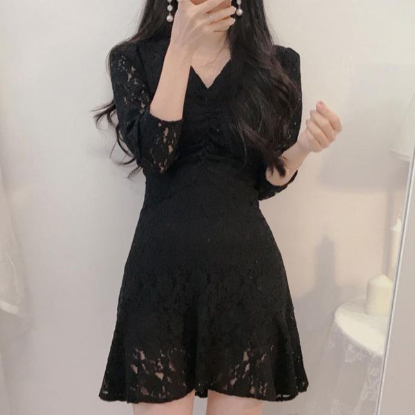 

casual dresses three quarter sleeve bodycon dress women streetwear hollow out lace up mini mermaid vintage elegant korean fashion uct6, Black;gray