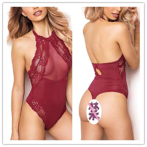 

women's shapers 2xl women european and american shapewear open back mesh lace translucent hanging neck jumpsuit bodysuit, Black;white