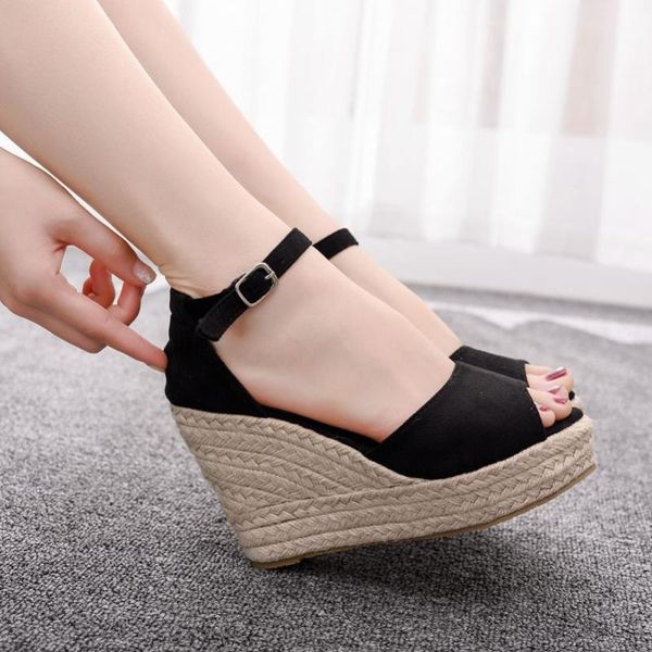 

large size small wedges sandals bohemian style fish mouth straw rope heel high 32,33,43,44, Black