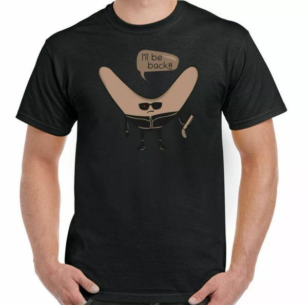 

terminator shirt boomerang i will be back arnold man fun, White;black