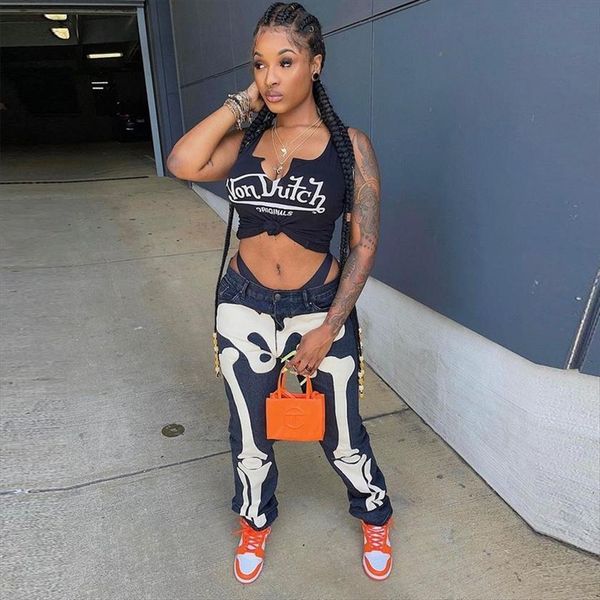 

european and american street gothic womens jeans zipper y2k retro bone print mid waist straight leg sexy, Blue