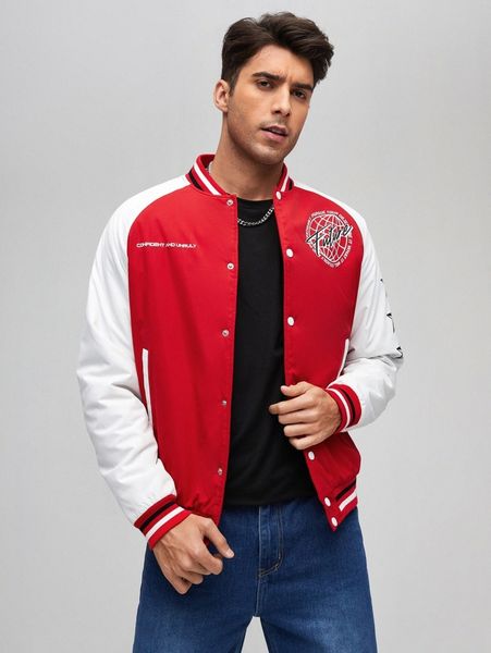 

men letter graphic contrast lined bomber jacket 110k#, Black;brown