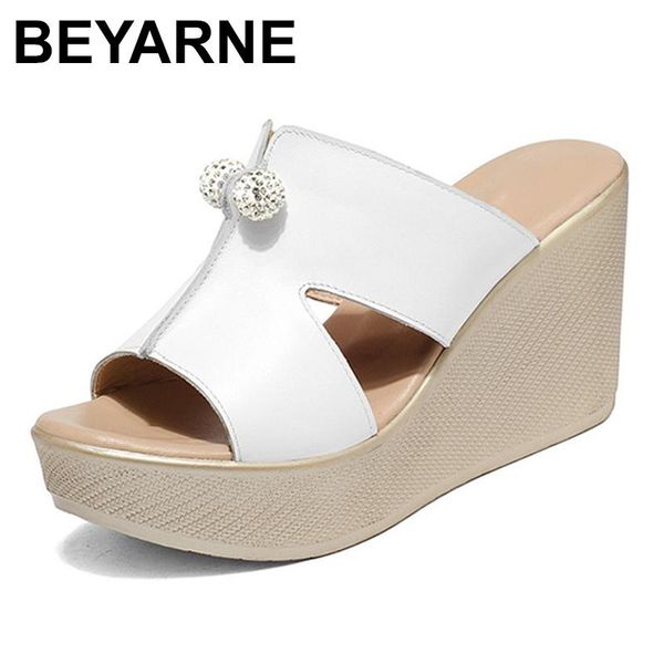 

women's genuine leather sandals summer platform wedges slide 2021 rhinestone high heels casual slides woman, Black