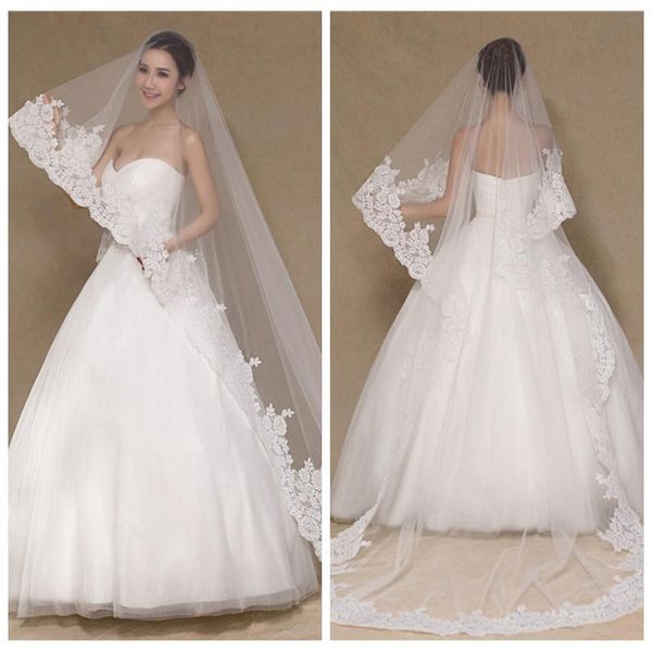 

bridal veils lace appliques one layer veil 2021 3m long cathedral royal white ivory wedding head for bride, Black