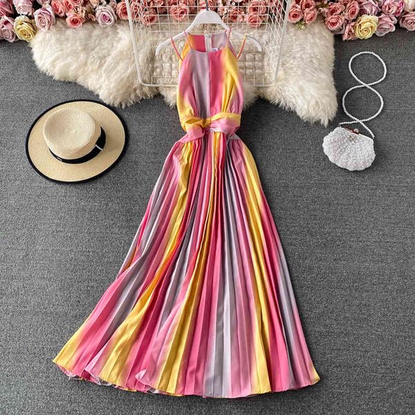 Sommer Regenbogen Farbverlauf Druck Lange Spaghetti Strap Kleid Frauen Sexy Halter Hohe Taille Drapierte Große Schaukel Plissee Vestidos 210416