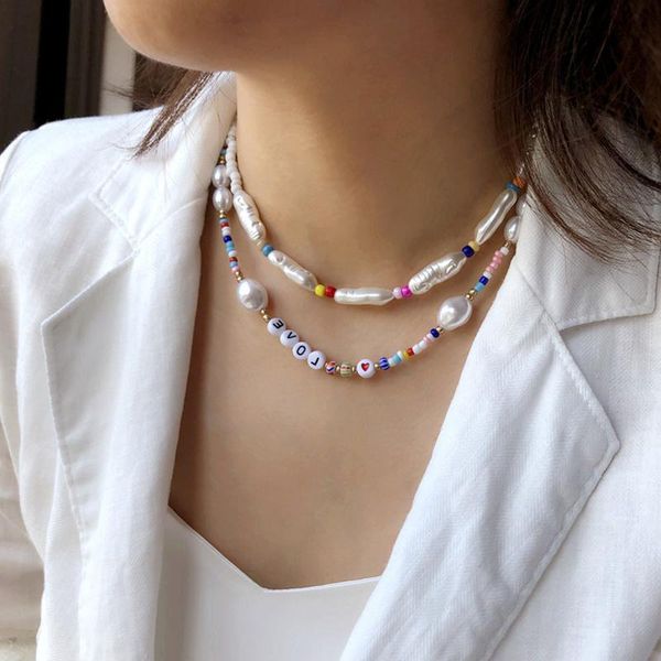 

chokers cute love letter rainbow beads pearl choker necklace sumeng 2021 female bohemian fashion party jewelry for women gir gift am3077, Golden;silver