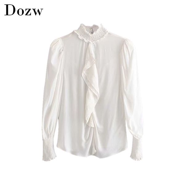 

chic puff long sleeve white blouse women turtleneck ruffle fashion stylish ladies shirts autumn hollow out streetwear tunic 210414