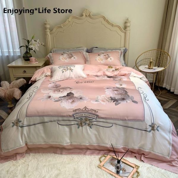 

bedding sets luxury 500tc tencel flower printing set embroidery duvet cover bed sheet lace pillowcases  king size 4pcs