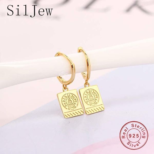 

hoop & huggie siljew genuine 925 sterling silver geometric tower gothic square pendant drop earrings for women creative ethnic party jewelry, Golden;silver
