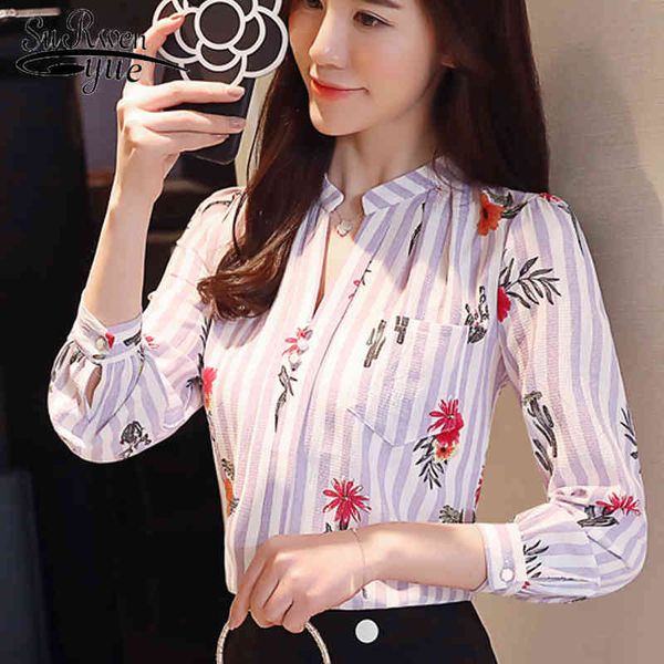 

fashion chiffon long sleeve women blouse shirt ol female floral print elegant blusas z0001 40 210521, White