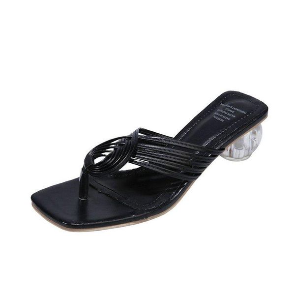 

slippers 2022 women sandals flip flops fashion high-heel transparent crystal mid-heel womans shoes, Black