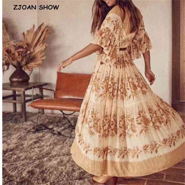 

women lace up v neck leaves striped print flare sleeve boho dress holiday loose ankle-length maxi long swing dresses beach 210429, Black;gray