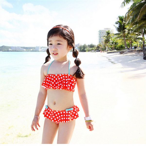 

fashion korean children's bikini split skirt wave point girl's swimsuit, White;black