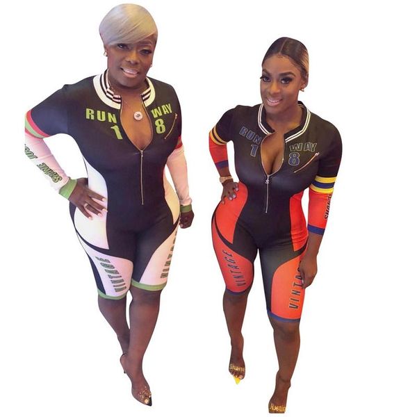 

women's jumpsuits & rompers letter print contrast color knee length bodycon bodysuit zipper front turtleneck bike shorts bandage motorc, Black;white