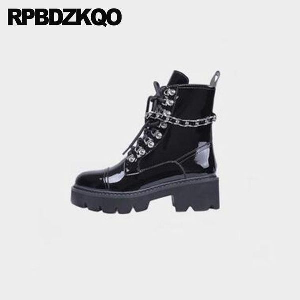 

boots chunky high heel ankle brand women winter genuine leather 2021 military metal patent fur combat chain black shoes lace up