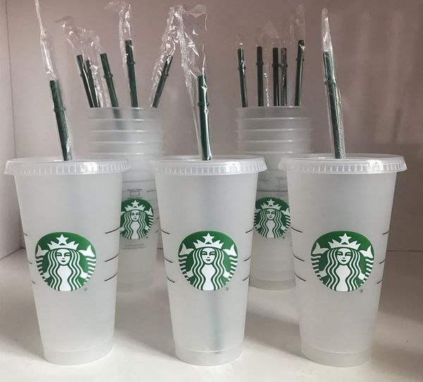 

starbucks cup 24oz/710ml ,16oz plastic mug tumbler reusable clear drinking flat bottom cup, pillar shape lid straw mugs bardian 50pcs dhl