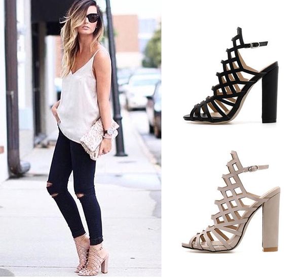 

european and american style magazine same hollow thick heel women's sandals, Black