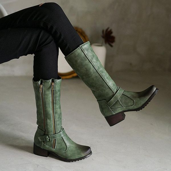 

boots zawsthia gothic round toe cool winter olive army green womans shoes combat zipper mid-calf women riding equestrian, Black