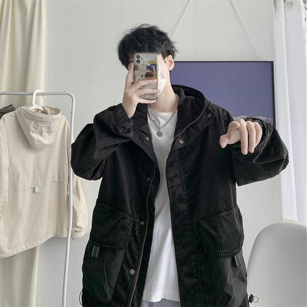 

men's jackets pr 2021 casual hooded jacket autumn hong kong style streetwear hip hop coats male loose outerwear, Black;brown