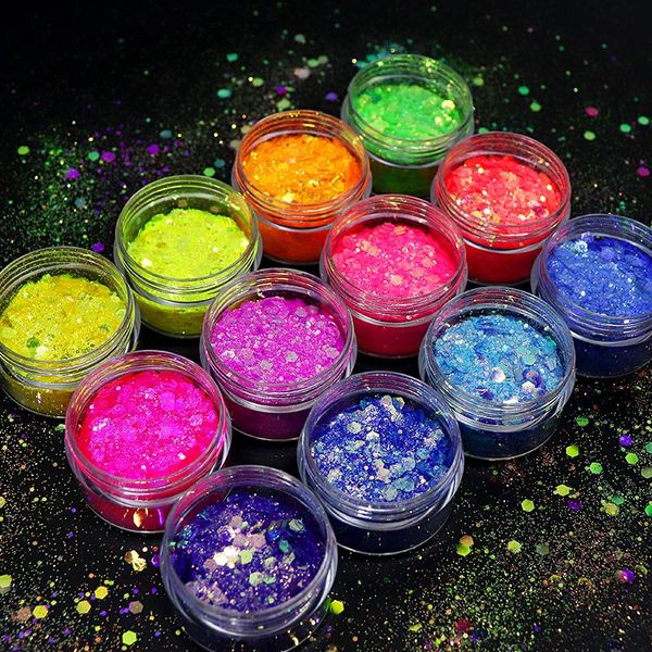 

nail glitter 12boxes mermaid ab chunky chameleon ultra-thin hexagon sequins sparkly flakes for art decorations accessories, Silver;gold