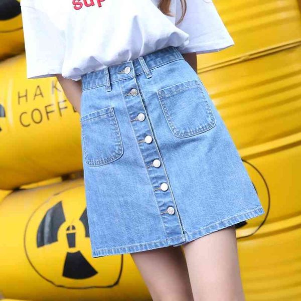 Джинсовая юбка с высокой талией A-Line Mini юбки Женщины Лето прибыль Одиночные Кнопки Карманы Blue Jean Юбка Стиль Saia Jeans 210608