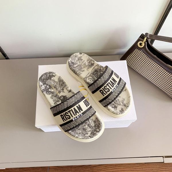 

slippers 2021 summer designer flowers women's thick bottom embroidered letter beach dress slides large size women flat shoes, Black