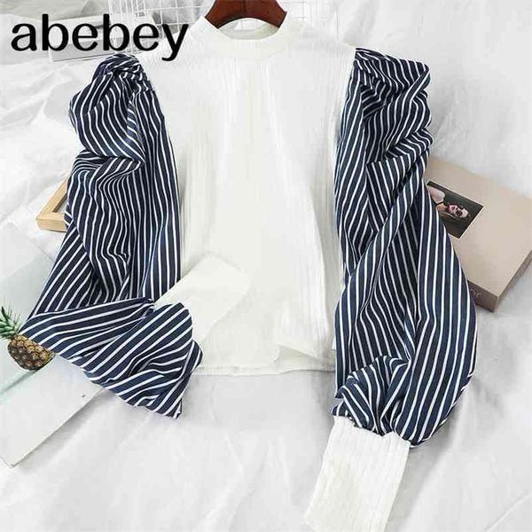 

korean elegant womens shirt patchwork puff sleeve and blouses o-neck ladies chic shirts office ladies fashion blusas mujer 210715, White