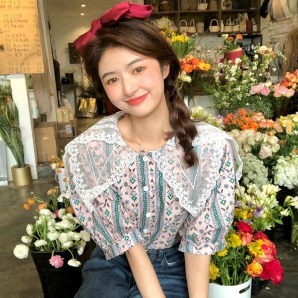 

women's lace puff sleeve peter pan collar patchwork blouses single breasted female office ol lady blouses ropa de mujer 210514, White