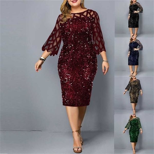 Roupas de tamanho grande para mulheres midi gordas gordas malha elegante lantejas de casamento cocktail festa de verão 4xl 5xl 6xl 2202101