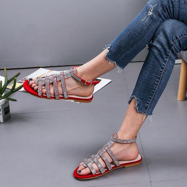 

ladies women sandals ankle strap diamond flat summer beach comfy shoes a66, Black