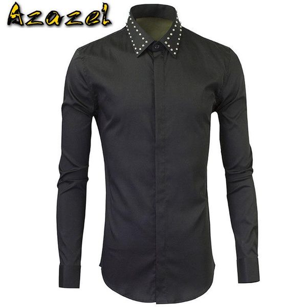 

men's casual shirts azazel men shirt luxury silver and gold rivet collar long sleeve mens dress fashion slim fit man plus size, White;black
