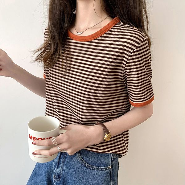 

T-shirt Contrast stripe T-shirt women's 2021 new summer skin friendly chic base Shirt Short Sleeve Top, White