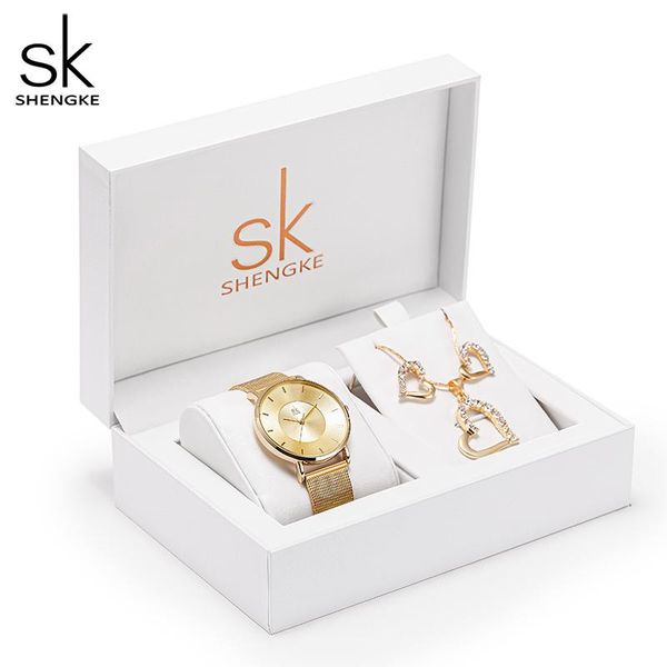 

wristwatches shengke women watches set with gift box luxury style necklace earrings rings accessories for love high quality, Slivery;brown