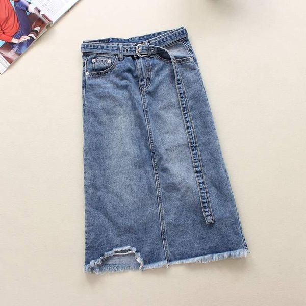 

skirts 2021 long split denim skirt women vintage high wasit jeans korean style casual ripped a-line with belt plus size, Black