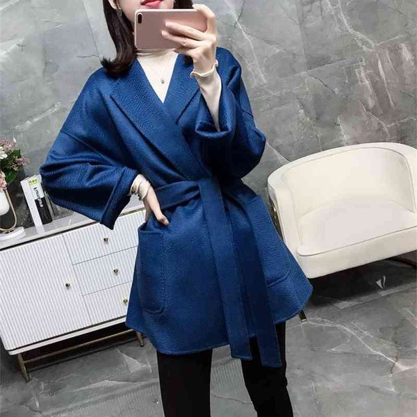 

8-color atmosphere, simple style, elegant water ripple double-sided tweed , women's new cashmere coat lace up, Black