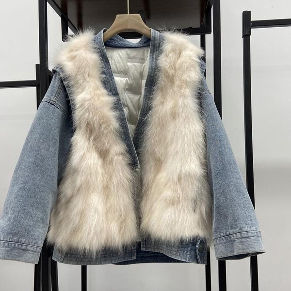 

women's fur & faux down jacket women winter denim coats with natural raccoon white duck coat detachable sleeve female parkas real vest, Black