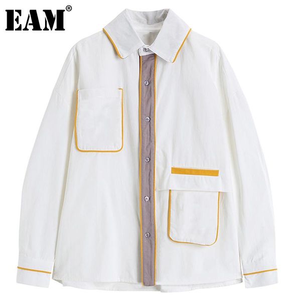 

women's blouses & shirts [eam] women white contrast color big size blouse lapel long sleeve loose shirt fashion tide spring autumn 2021