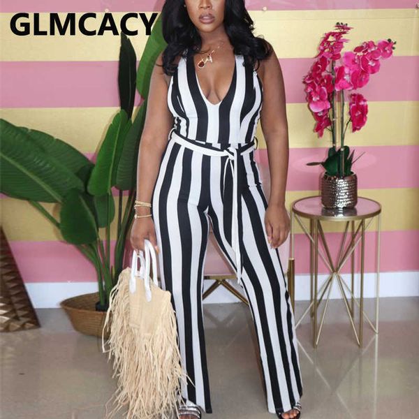 

v neck striped summer jumpsuit sleeveless casual overalls 210702, Black;white