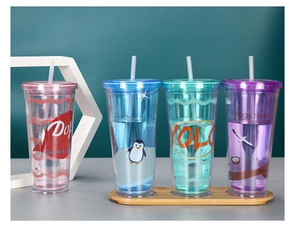 

mugs 600ml glitter flash powder water bottle portable plastic reusable personalized drinkware shiny drinking cup with straws lid