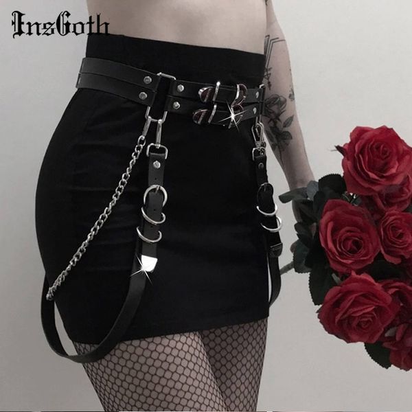 

gothic punk faux leather belt metal chain ring waist strap street dance decor rock hip hop ring chain belt 2021 fashion new, Silver