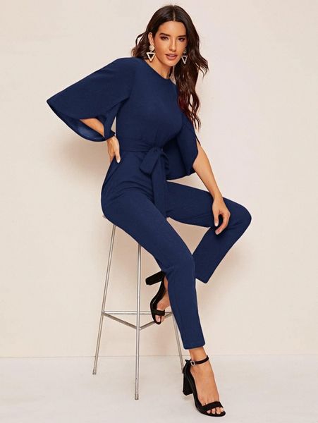 

split sleeve belted solid jumpsuit 24uh#, White