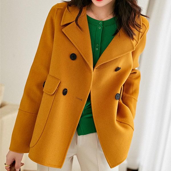 

fashion double breasted wool coat elegant work office jacket spring autumn women jackets woman high street loose short women's & blends, Black