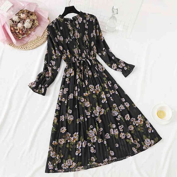 

dresses floral print chiffon women spring loose flare sleeve ruffles office pleated midi casual plus size vestidos, Black;gray