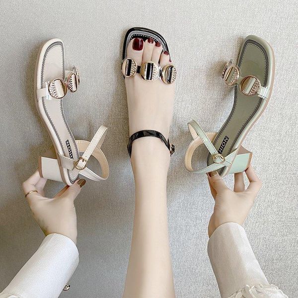 

low sandals woman leather shoes lady 2021 clear heels suit female beige buckle strap low-heeled fashion summer comfort block, Black